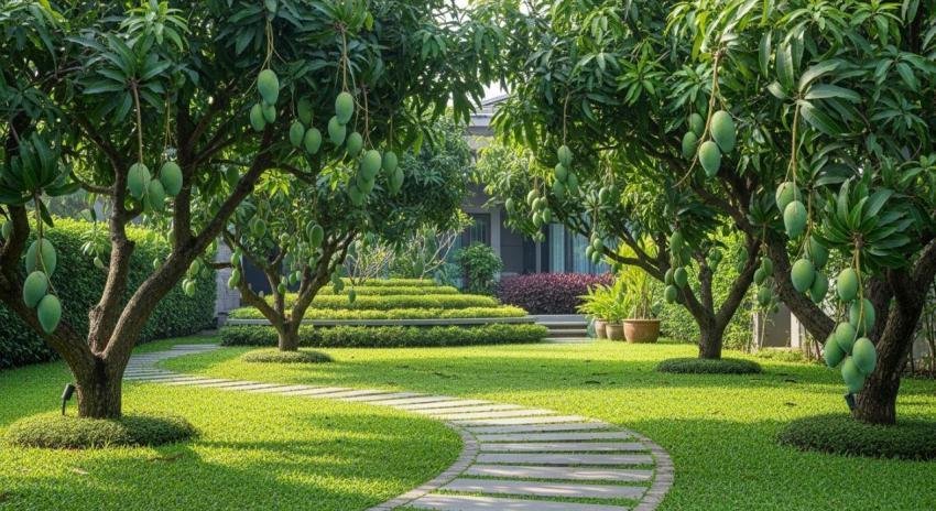 Beautiful Mango Garden Landscape with Lush Green Lawn and Pathway