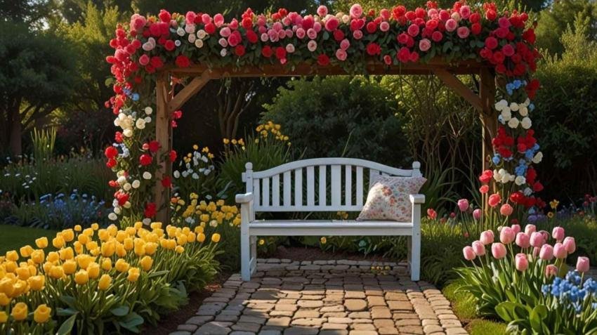 A serene garden background featuring a wooden arbor