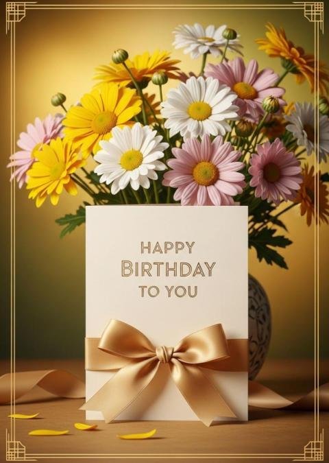 Happy Birthday Floral Card with Gold Ribbon – Elegant Birthday Greeting