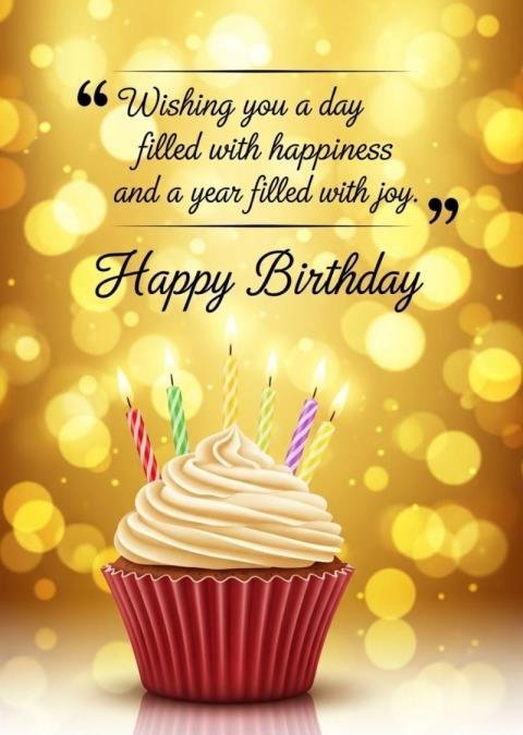 Happy Birthday Greeting Card with Cupcake and Candles on Golden Bokeh Background