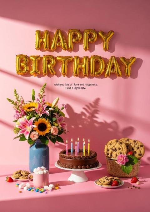 Happy Birthday Celebration with Cake, Flowers, Cookies and Gold Balloons on Pink Background