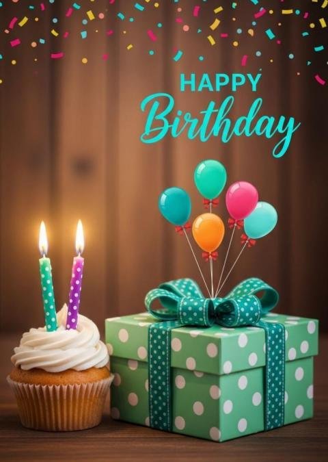 Happy Birthday WhatsApp Wishes with Cake, Gift Box and Balloons