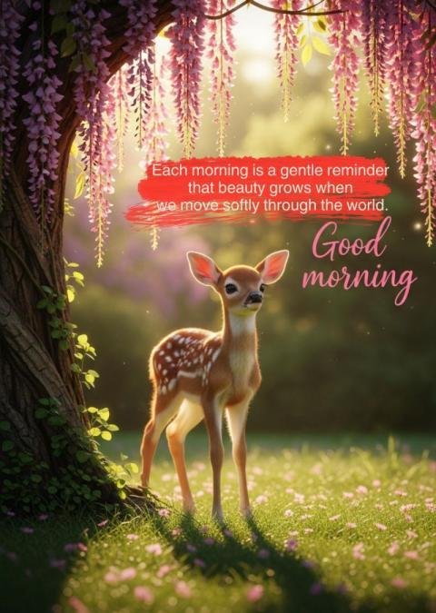 Good Morning Cute Deer Image with Inspirational Nature Quote