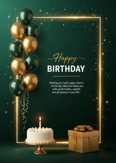Elegant Happy Birthday Greeting with Green and Gold Balloons, Cake and Gift Box