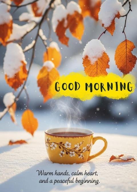 Winter Good Morning Coffee Image with Snowy Leaves and Cozy Quote