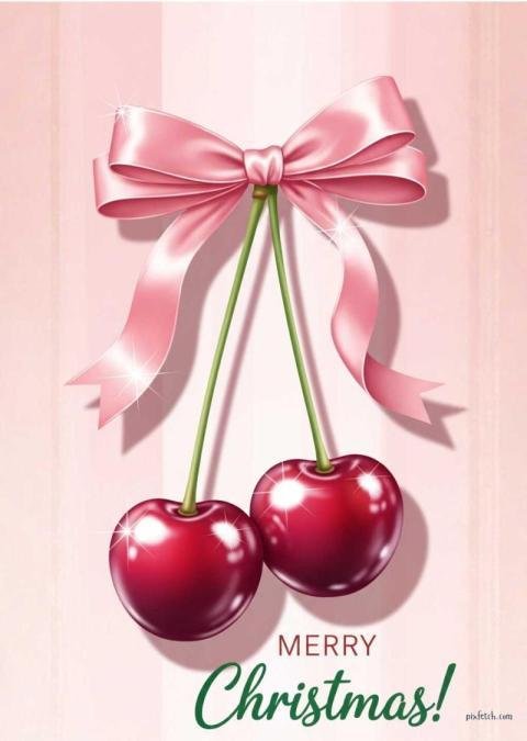 Two glossy cherries hanging with merry christmas