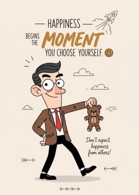 Happiness Begins the Moment You Choose Yourself – Inspirational Cartoon Illustration