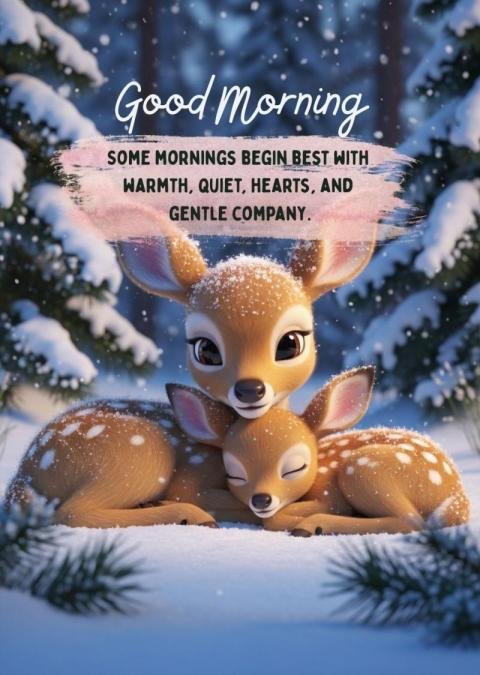 Good Morning Winter Image with Cute Deer and Warm Inspirational Quote