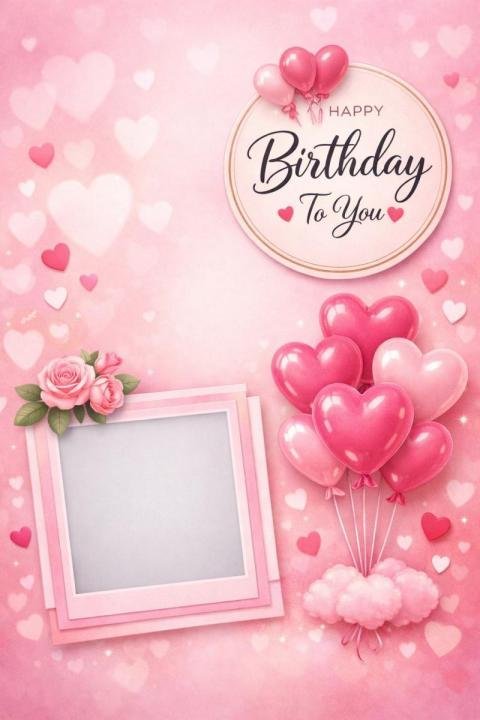 Pink Happy Birthday Card with Heart Balloons and Photo Frame Template