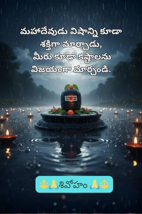 Rainy Night Shivling Image with Telugu Devotional Quote
