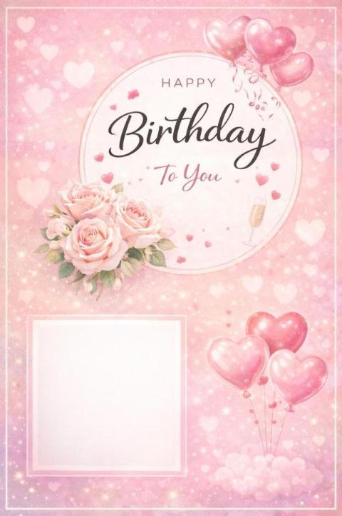 Happy Birthday Wishes Card with Pink Roses and Heart Balloons