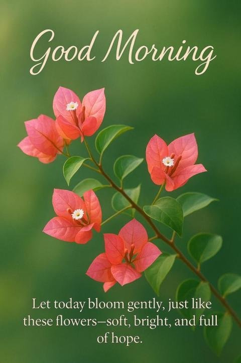 Good Morning Floral Greeting with Pink Bougainvillea Flowers on Green Background
