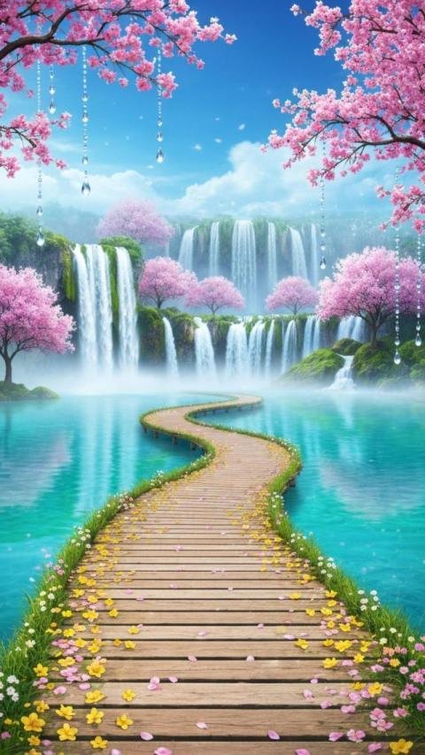 A serene fantasy landscape featuring a long wooden pathway