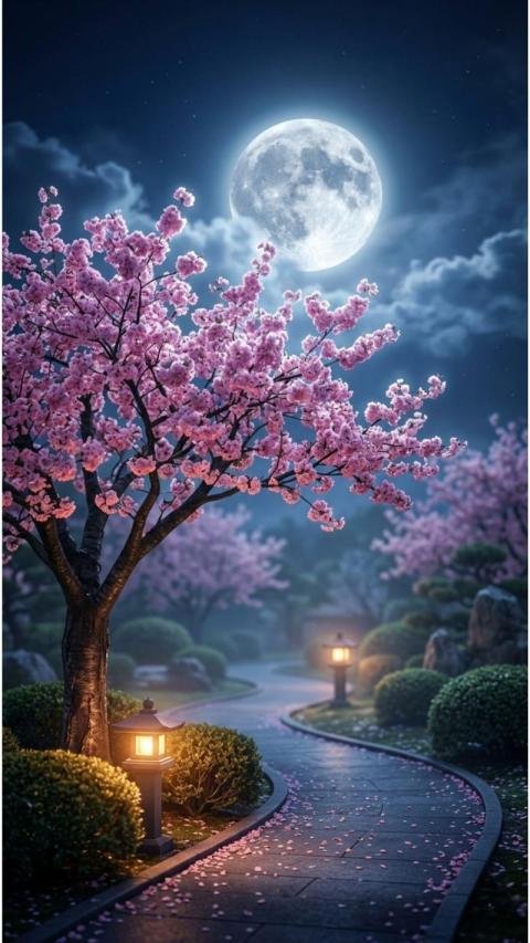 Moonlit Cherry Blossom Garden Mobile Wallpaper