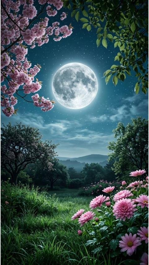 Full Moon Night Landscape Mobile Wallpaper with Flowers and Cherry Blossoms