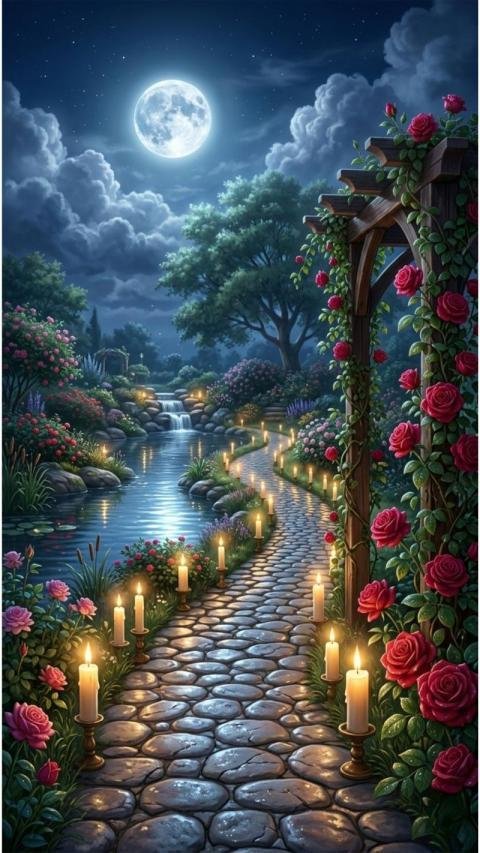 Moonlit Romantic Garden Path Mobile Wallpaper with Roses and Candles