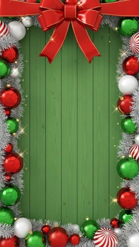 A festive Christmas background featuring a vertical green wooden plank wall at the center