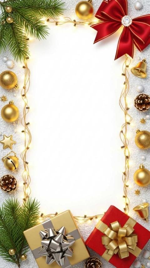 A vertical Christmas themed decorative frame with a blank center for text