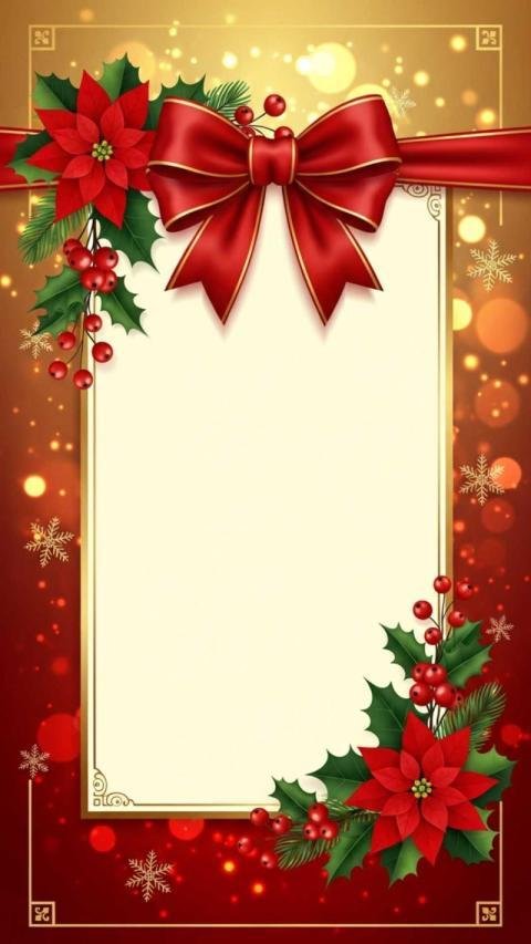 A luxurious Christmas themed vertical greeting card template with a blank cream colored center