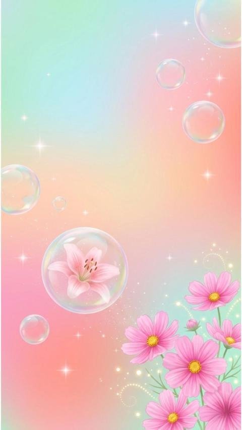 Pastel Floral Bubble Mobile Wallpaper with Pink Flowers and Soft Gradient Background