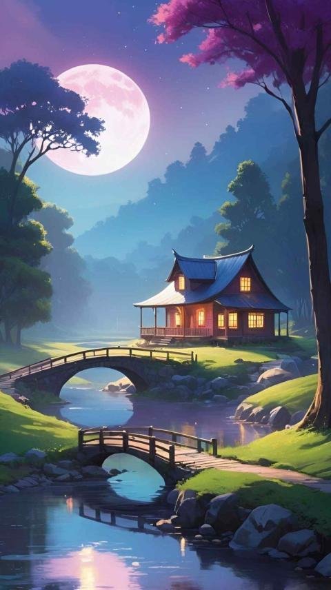 A peaceful scene of a wooden house with a blue roof, situated on the bank of a calm river at night