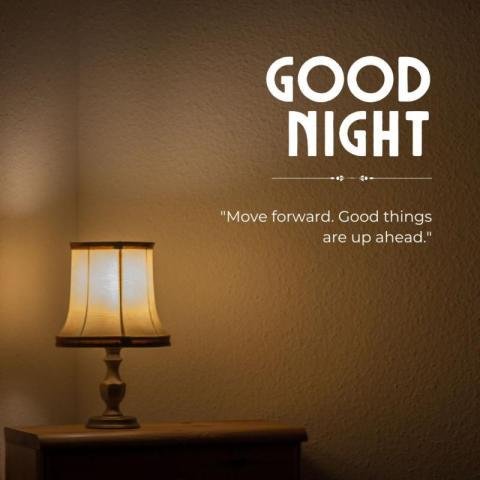 Lit room with a lampshade Good night text