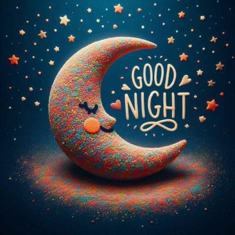 A whimsical digital illustration of crescent moon with good night