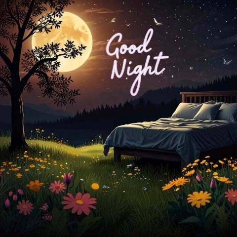 a full moon in the night sky, with the words Good Night