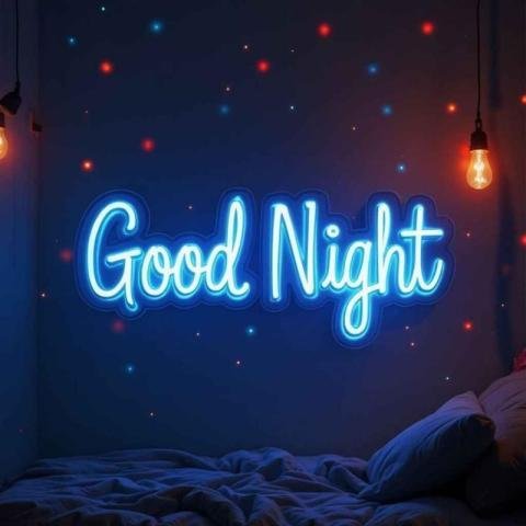 A good night wishes of cozy bedroom with a dark blue wall adorned with colorful lights