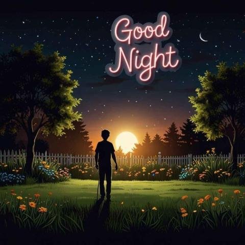 A silhouette of a person standing in a grassy field with Good night wishes