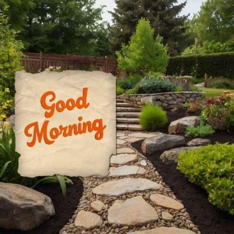 A beautiful garden with a stone path good morning image