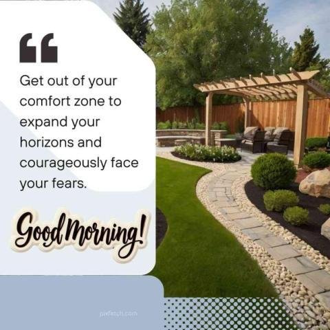 A beautiful backyard with lawn, a stone path and Good Morning wishes