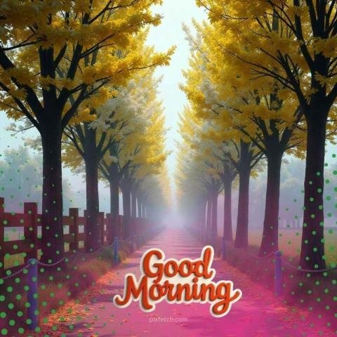 Colorful autumn scene with a path lined with trees and good morning text
