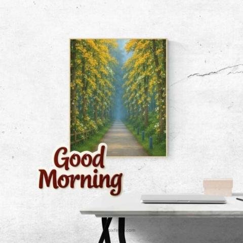Peaceful scene featuring a path lined with trees and good morning