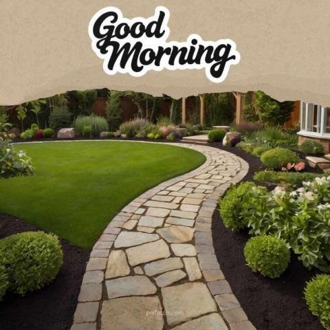 A beautiful garden with a stone path and good morning