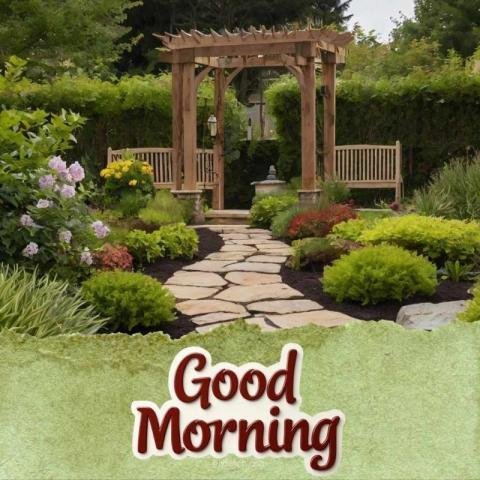 A beautiful garden scene with a wooden arbor and a stone path