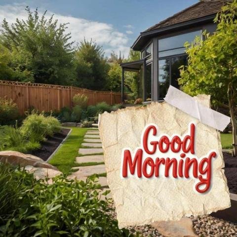 Lush greenery and a wooden fence with good morning
