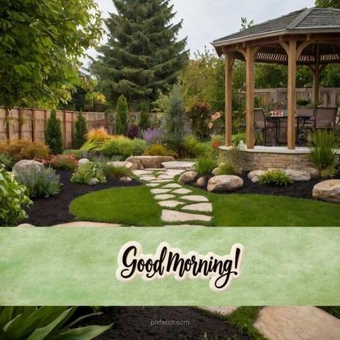 A wooden gazebo in garden with good morning