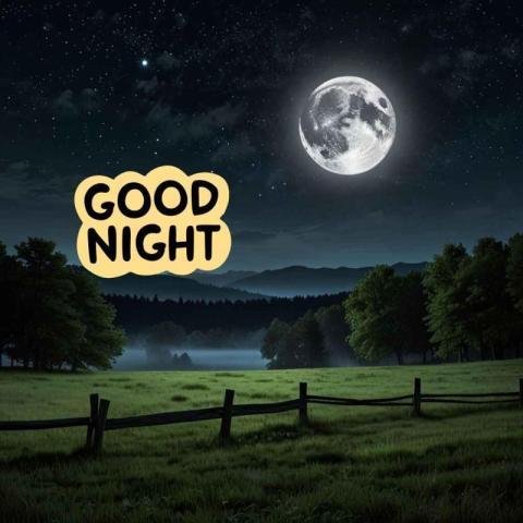 A peaceful Good Night image featuring a glowing full moon