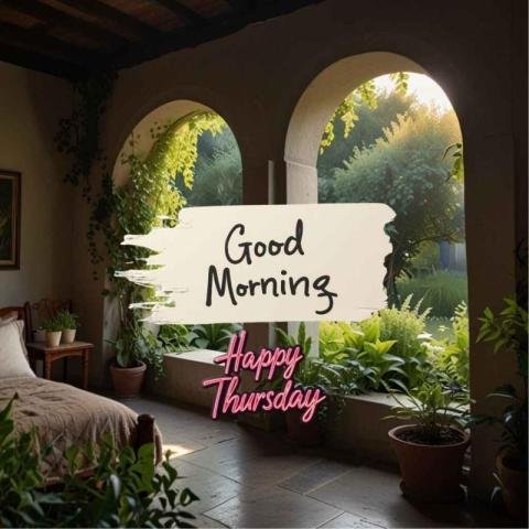 A refreshing Good Morning Happy Thursday image with natural greenery