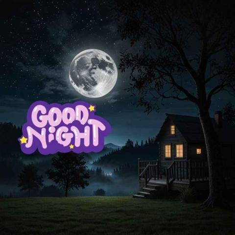 Peaceful good night image with a glowing full moon