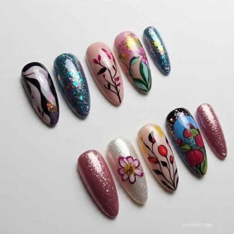 Trendy Floral and Glitter Nail Art Designs
