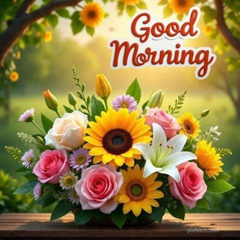 A bouquet of sunflowers, roses, lilies, and daisies with good morning