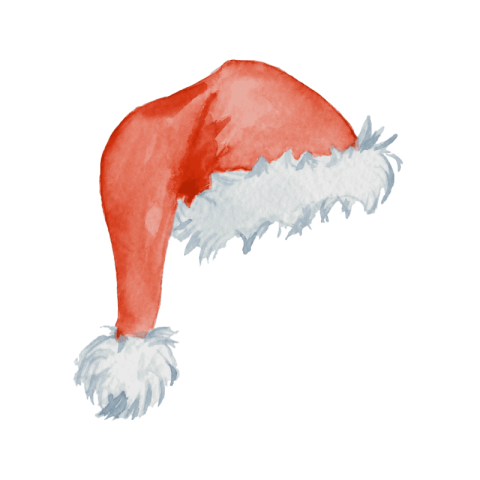 Watercolor illustration of a classic red Santa hat with fluffy white trim and pom pom