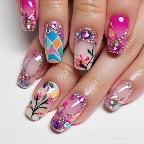 Elegant nail art design featuring floral patterns