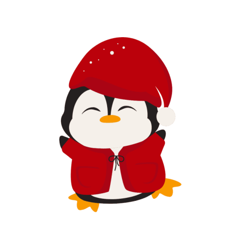 Adorable cartoon penguin wearing a red Santa hat