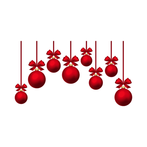 A festive illustration of red Christmas ornaments hanging