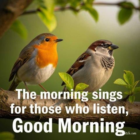 Two birds perched on a branch with good morning quotes