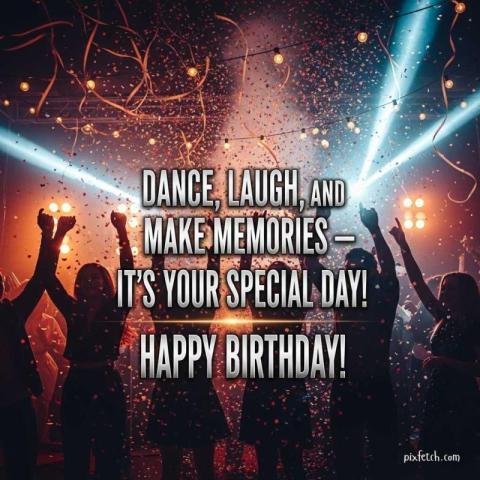 Birthday card with people celebrating by colorful lights and confetti