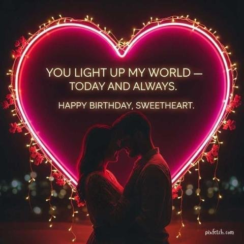 A romantic scene featuring a couple standing and birthday wishes